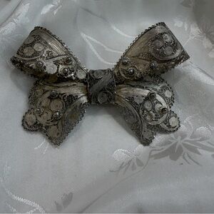 Vintage Sterling Silver Filigree Bow Brooch - Signed Topazio Portugal